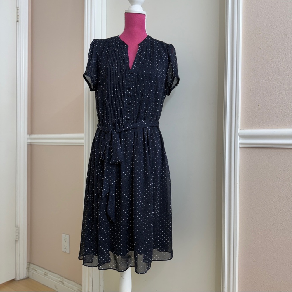 DB Established 1962 Chiffon Dress, Tie Waist Dark Blue White Polka Dot, Size 14